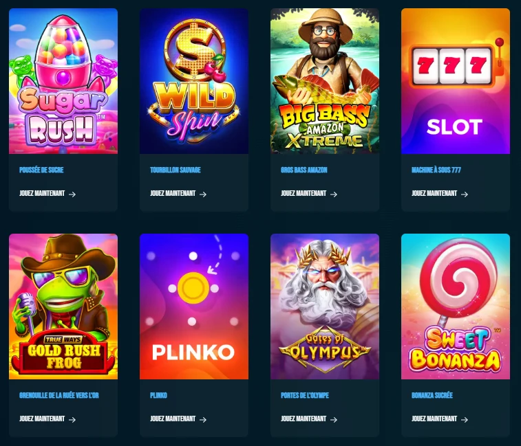 Catalogue de machines à sous Magical Spin présentant Sugar Rush, Big Bass Amazon Xtreme, Gates of Olympus et Sweet Bonanza
